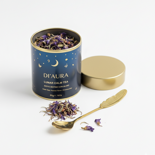 Di'Aura lunar calm Bed Time tea canister with gold spoon and tea leaves on a white background