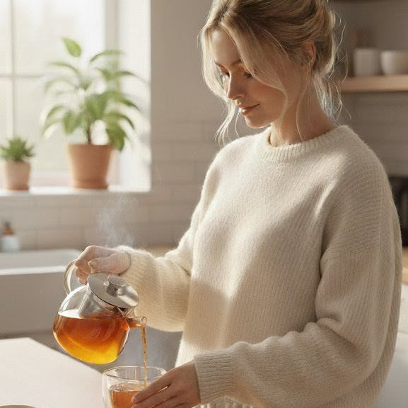 Woman pouring solar ignite morningtea into a cup in a kitchen