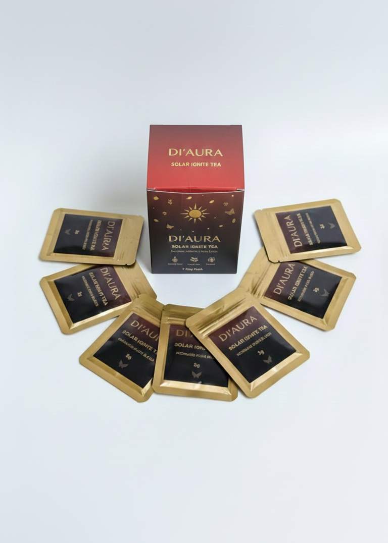DI'AURA Solar Ignite Morning Aura tea bags and Mini Box packaging on a white background
