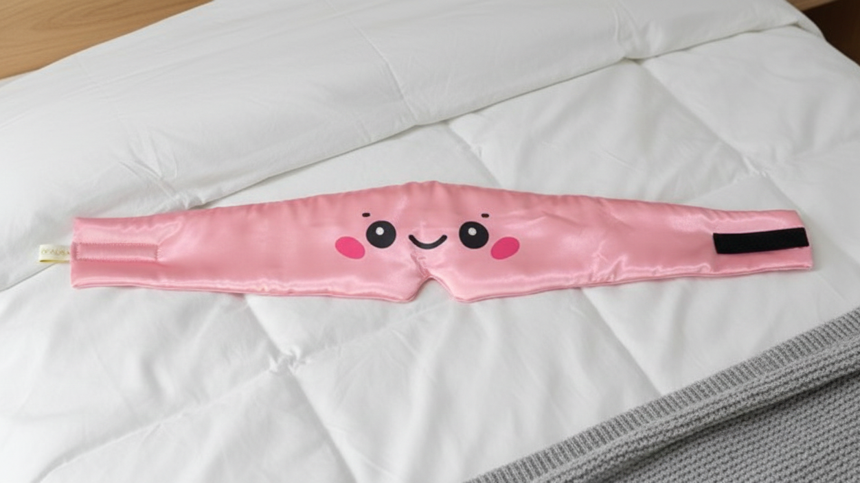 Pink sleep mask with a cartoon face on a white pillow