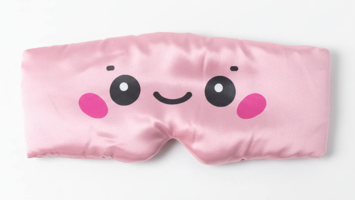 DI'AURA Pink sleep mask with a cute face design on a white background