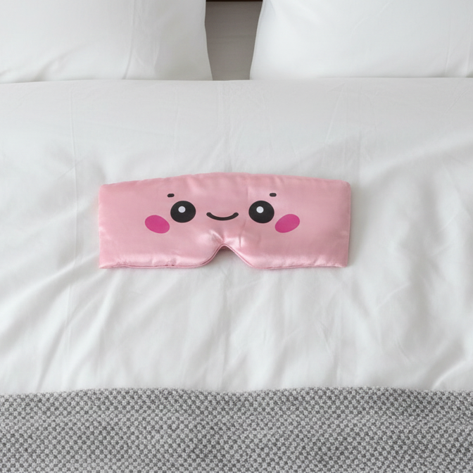 Pink cartoon face mask on a white pillow with gray blanket