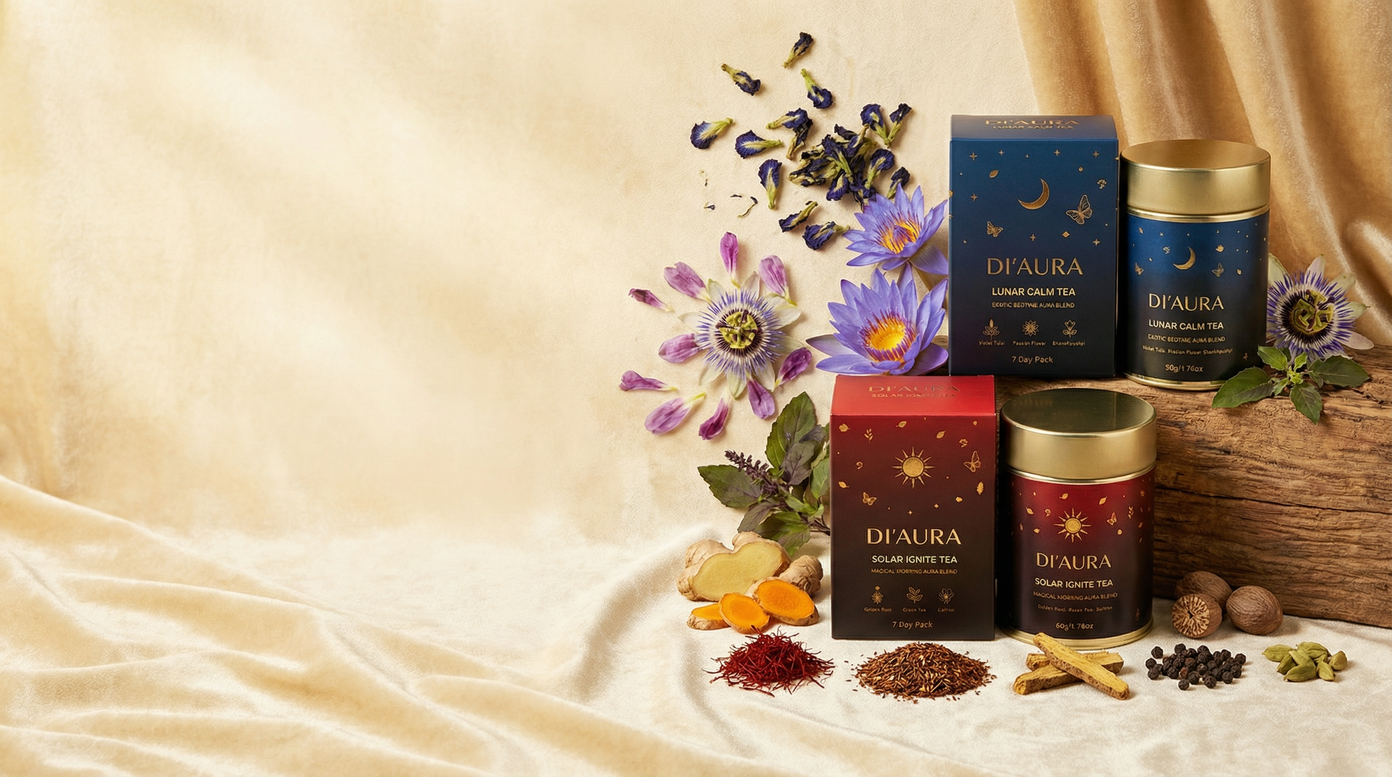 Di'aura tea products with flowers and tea leaves on a soft fabric background