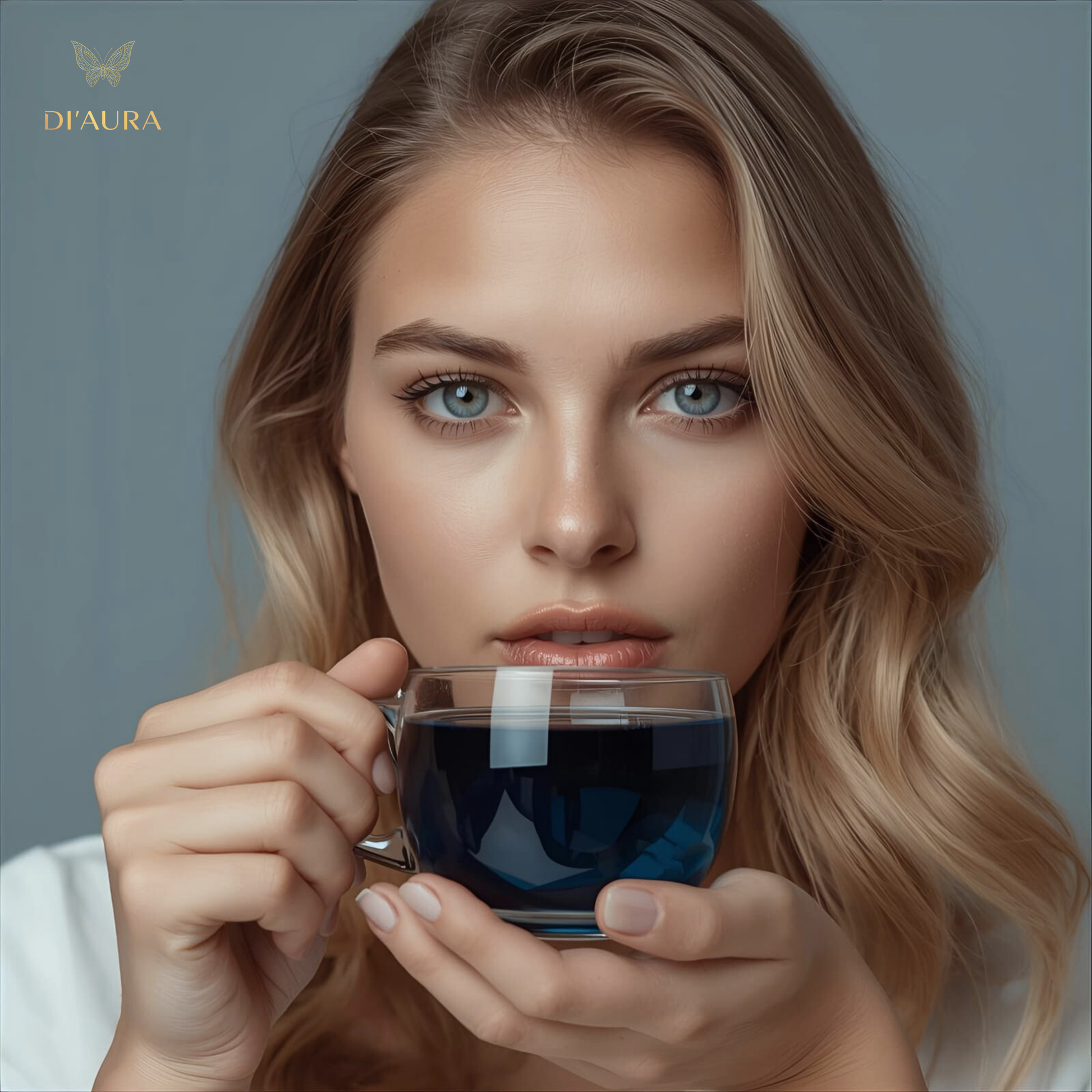 Woman holding a glass of DI'AURA Lunar Calm Bedtime Tea with a neutral background that helps her becoming calm and induces sleep