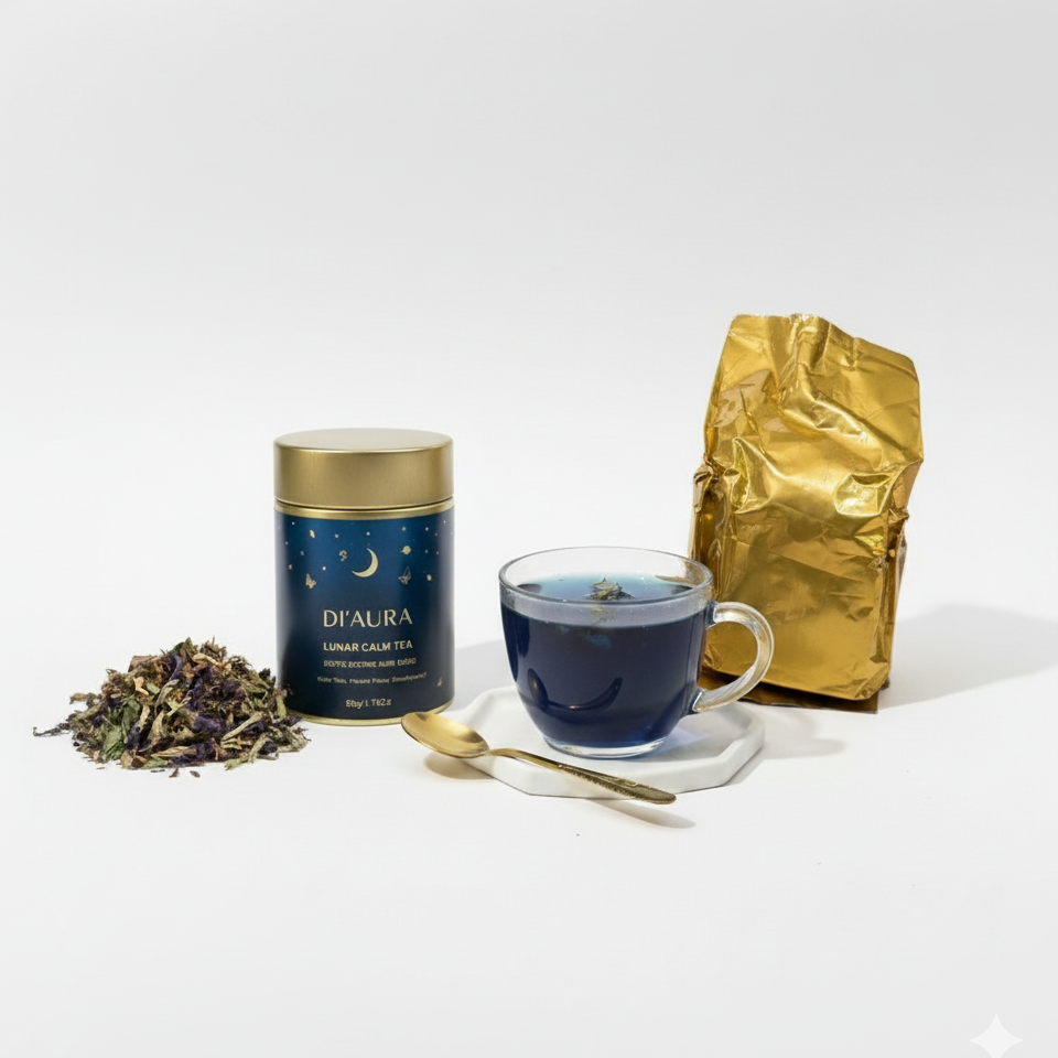 Tea set with D'Aura tea canister, gold packaging, cup of tea, and loose tea leaves on a white background