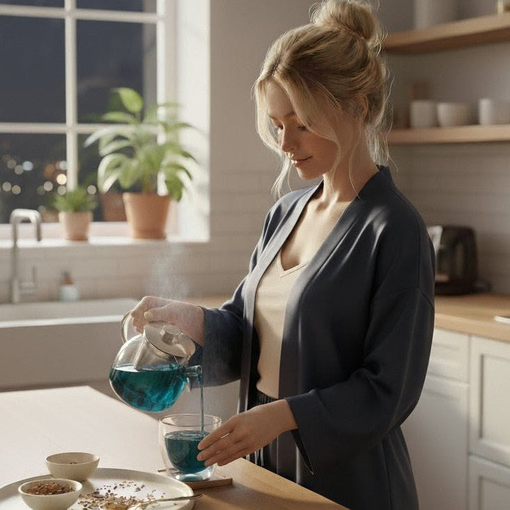 London Woman in a kitchen pouring DI'AURA Lunar Calm Tea into a Cup.