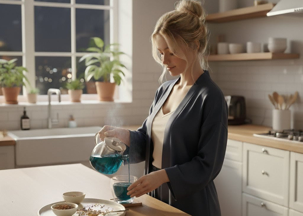 London Woman in a kitchen pouring DI'AURA Lunar Calm Tea into a Cup.
