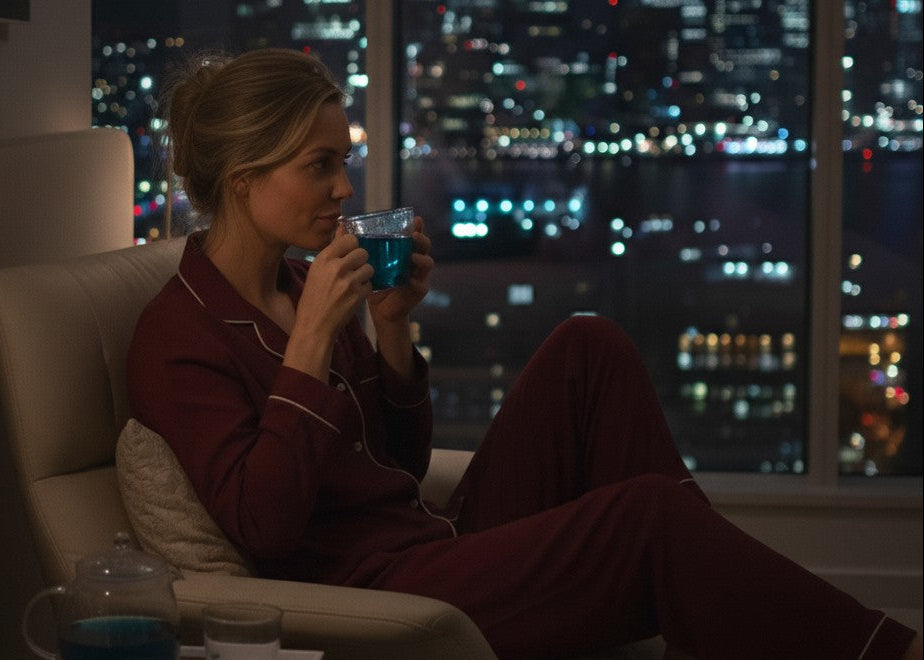 Woman in pajamas sitting on a couch with a cityscape view at night and drinking Lunar Calm Tea