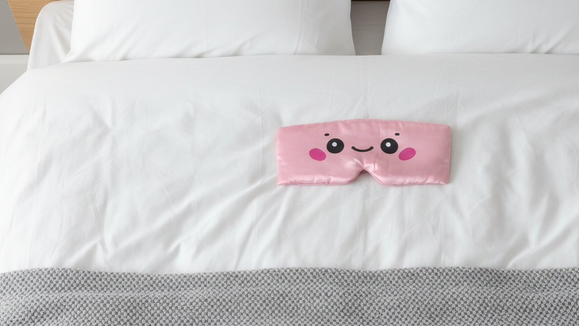 DI'AURA Pink cute girl sleep mask on a white mattress with gray blanket