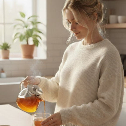 Woman pouring solar ignite morningtea into a cup in a kitchen