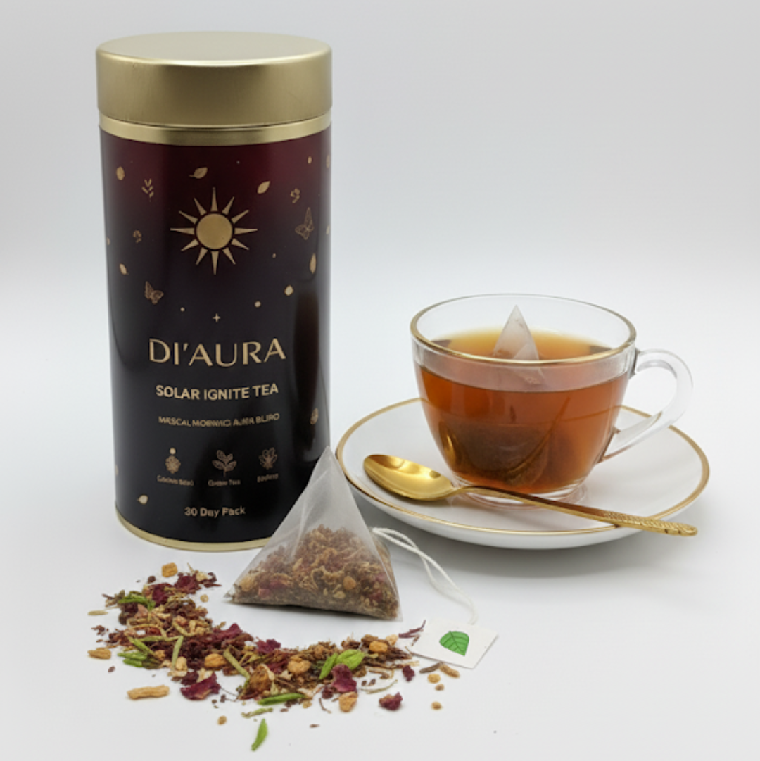 Di' Aura morning tea packaging with a cup of Solar tea 